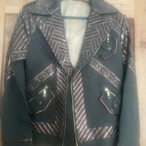 Green Custom made Designer from India Jacket with Geometric Pattern